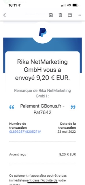 Preuve de paiement Gbonus de Pat7642
