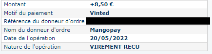 Preuve de paiement Vinted de Xandre
