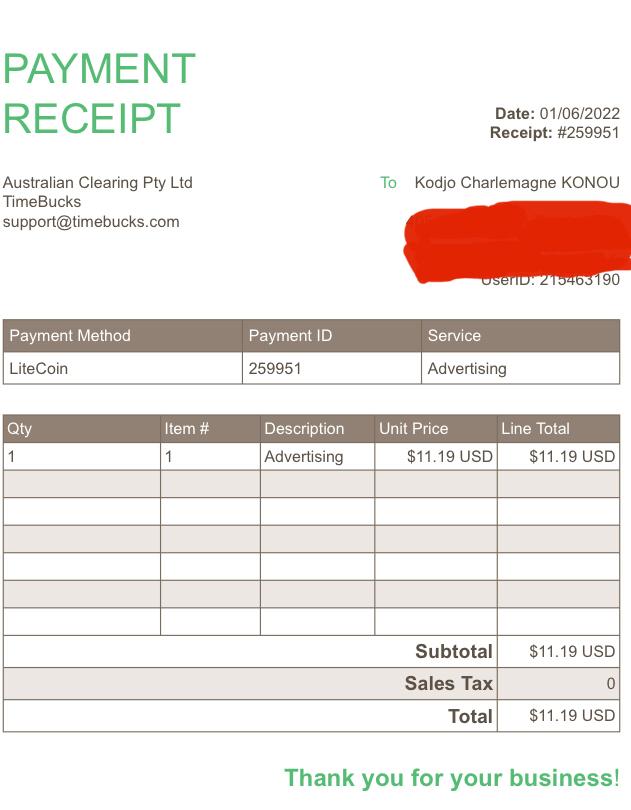 Preuve de paiement Timebucks de Charlas
