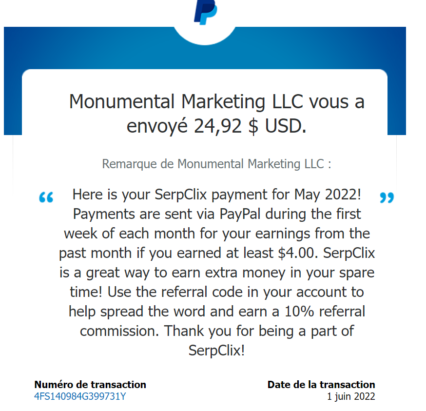 Preuve de paiement Serpclix de BILLYBILL