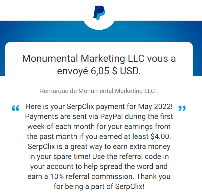 Preuve de paiement Serpclix de Xandre