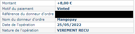 Preuve de paiement Vinted de Xandre