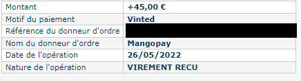 Preuve de paiement Vinted de Xandre