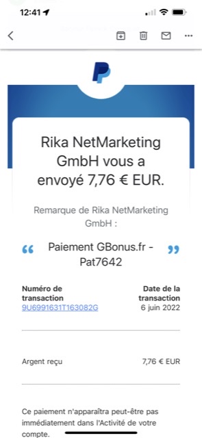 Preuve de paiement Gbonus de Pat7642