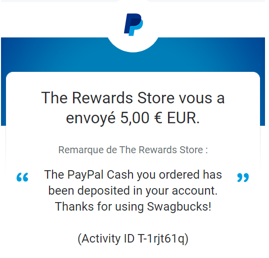 Preuve de paiement Swagbucks de Xandre