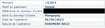 Preuve de paiement Vinted de Xandre
