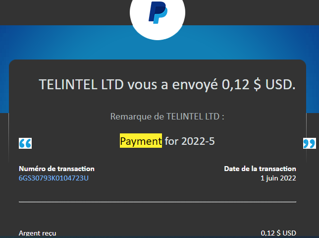 Preuve de paiement Control my sms de Giogio