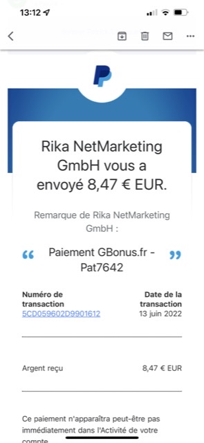 Preuve de paiement Gbonus de Pat7642