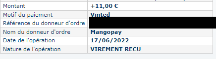 Preuve de paiement Vinted de Xandre