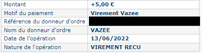 Preuve de paiement Vazee de Xandre