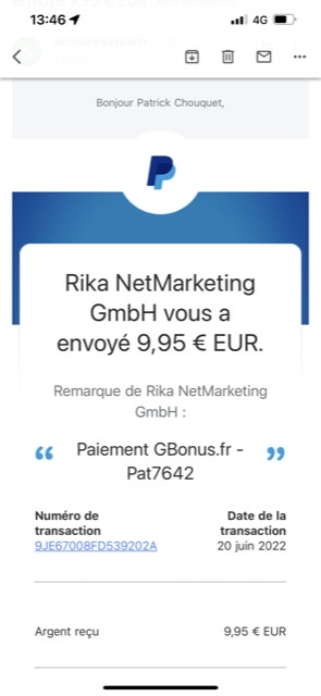 Preuve de paiement Gbonus de Pat7642