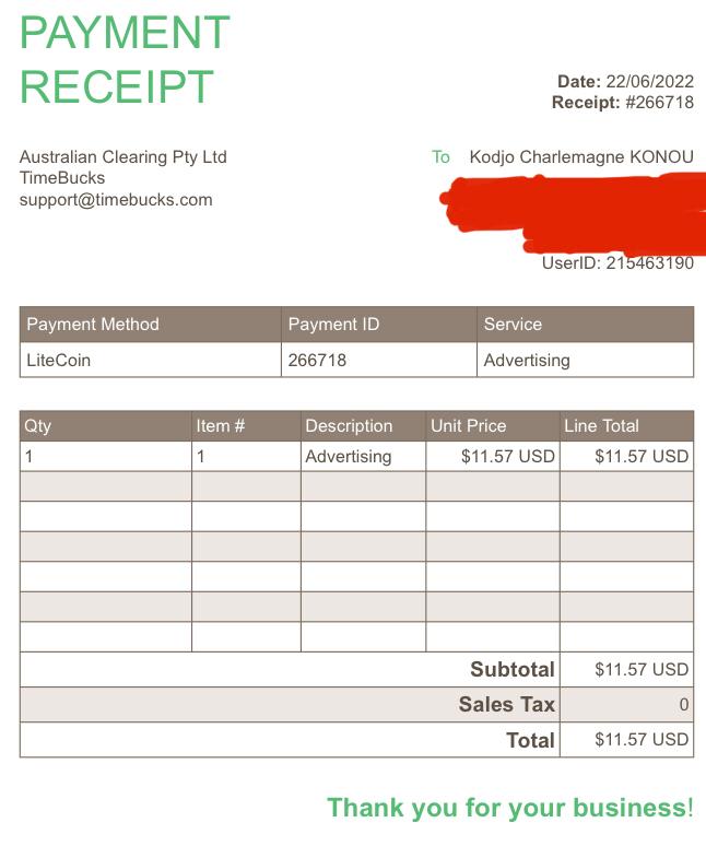 Preuve de paiement Timebucks de Charlas