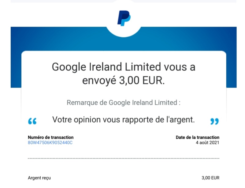 Preuve de paiement Google Opinion Reward de Kelly68