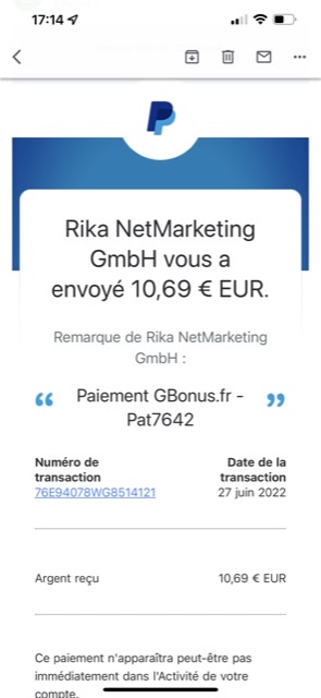 Preuve de paiement Gbonus de Pat7642