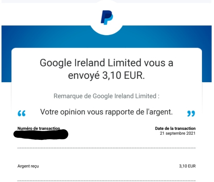 Preuve de paiement Google Opinion Reward de Kelly68