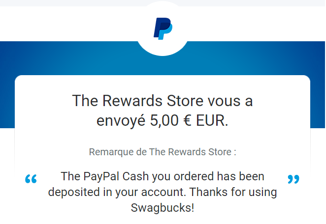 Preuve de paiement Swagbucks de Xandre