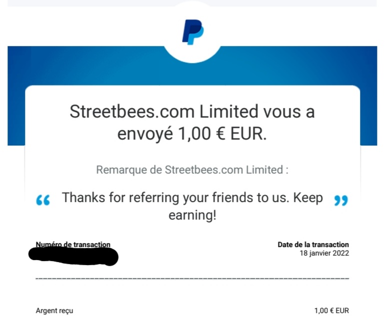 Preuve de paiement Streetbees de Kelly68