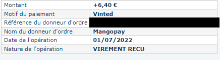 Preuve de paiement Vinted de Xandre