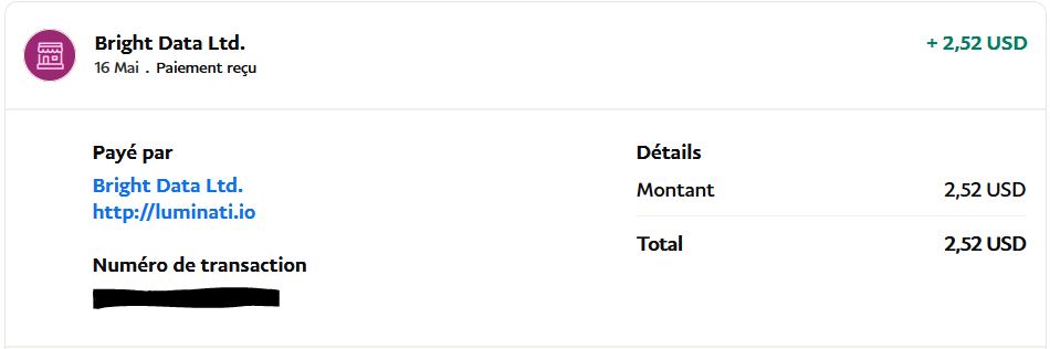 Preuve de paiement Bright data earnapp de Up22
