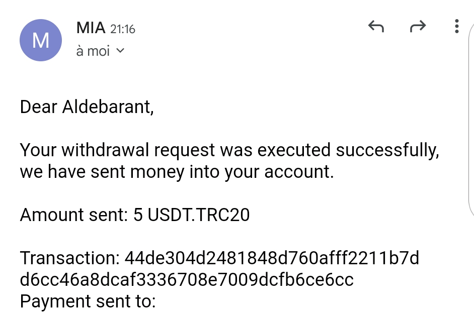 Preuve de paiement Mia connect de aldebarant