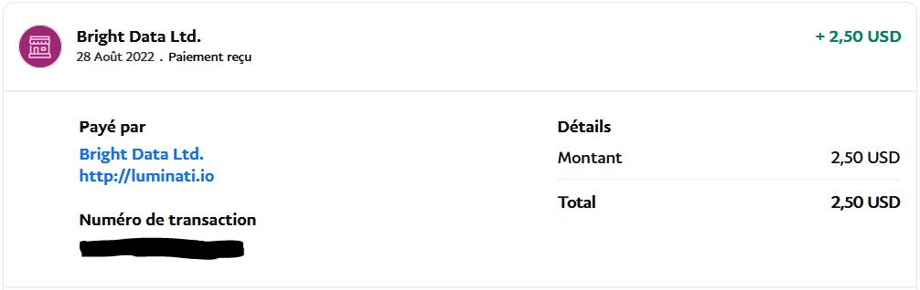 Preuve de paiement Bright data earnapp de Up22