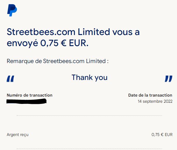 Preuve de paiement Streetbees de Up22