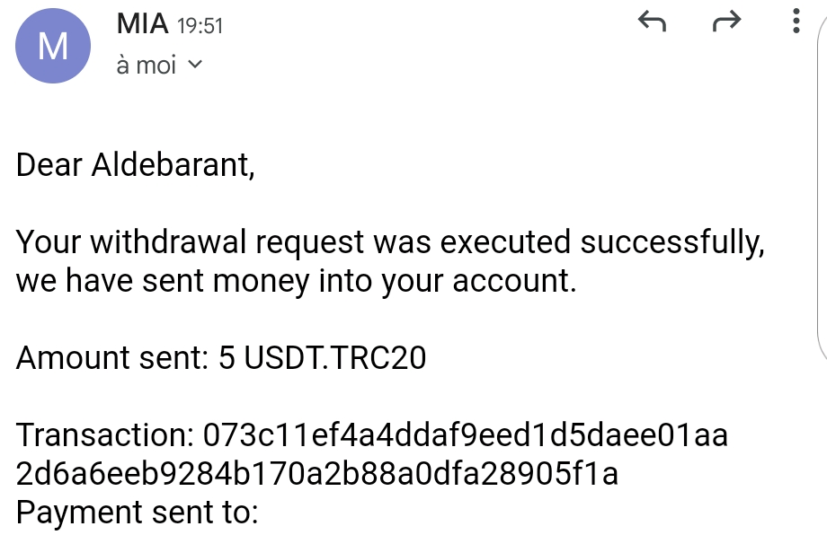 Preuve de paiement Mia connect de aldebarant