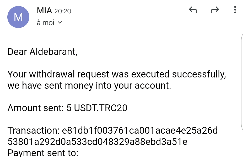 Preuve de paiement Mia connect de aldebarant