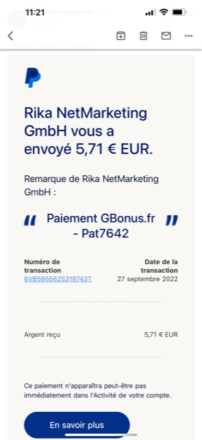 Preuve de paiement Gbonus de Pat7642