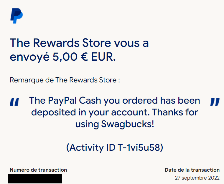 Preuve de paiement Swagbucks de Xandre