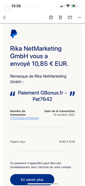 Preuve de paiement Gbonus de Pat7642