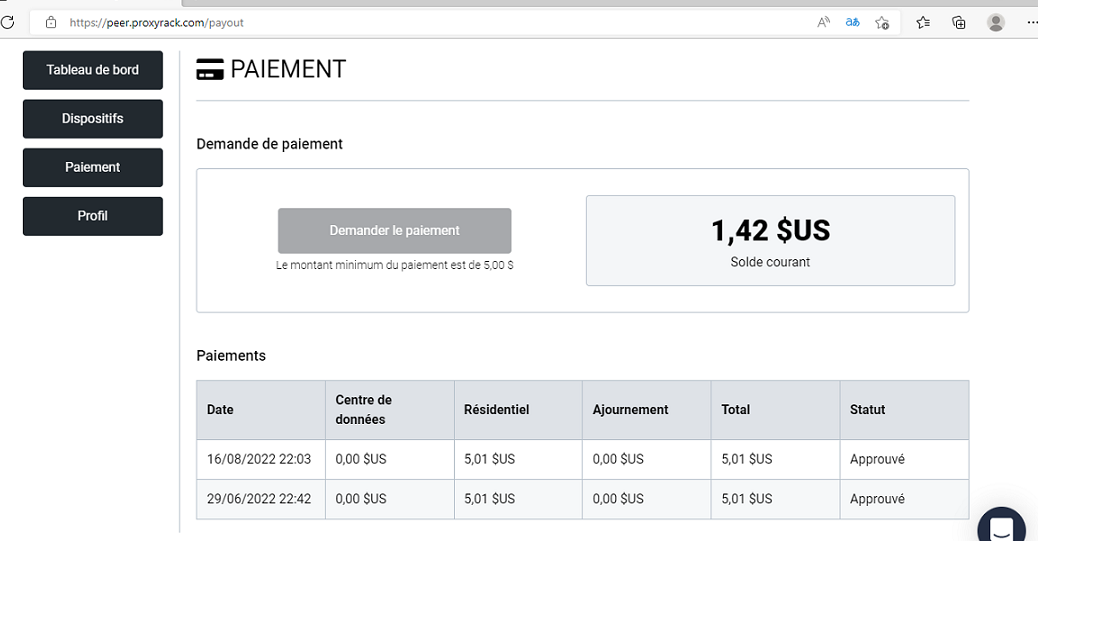 Preuve de paiement Proxyrack de skynet