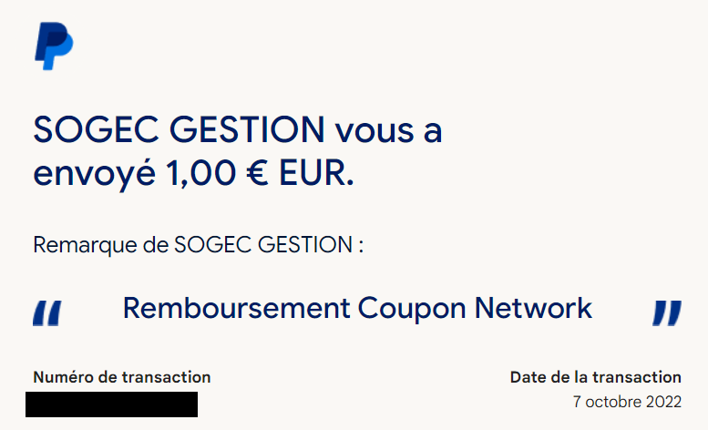 Preuve de paiement Coupon network de Xandre