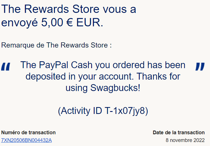 Preuve de paiement Swagbucks de Xandre