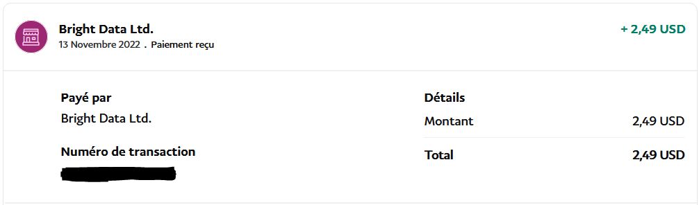 Preuve de paiement Bright data earnapp de Up22