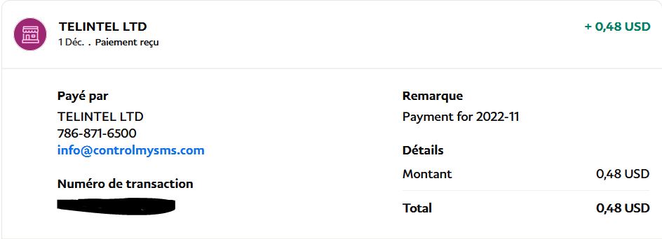 Preuve de paiement Control my sms de Up22