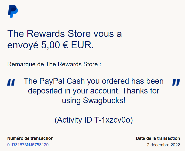 Preuve de paiement Swagbucks de Xandre