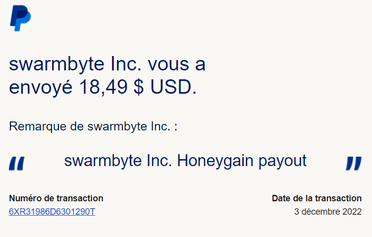 Preuve de paiement Honeygain de Xandre