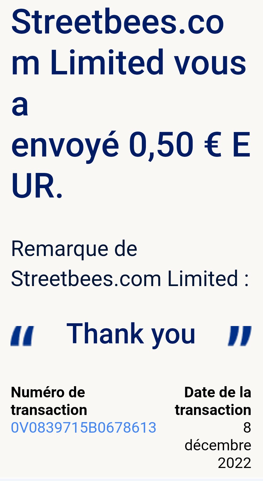 Preuve de paiement Streetbees de Up22