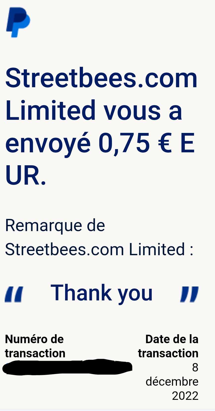 Preuve de paiement Streetbees de Up22