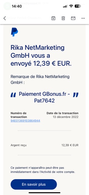 Preuve de paiement Gbonus de Pat7642