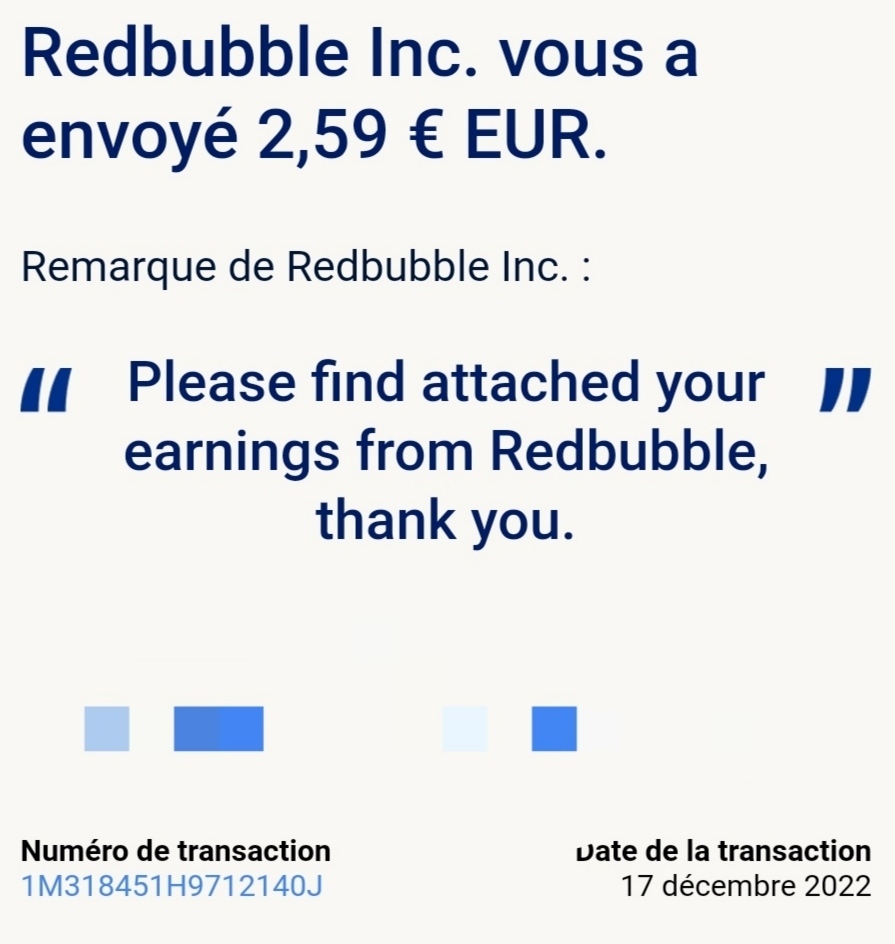 Preuve de paiement Redbubble de Xandre