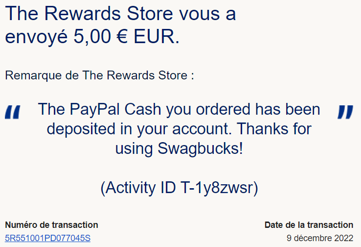 Preuve de paiement Swagbucks de Xandre