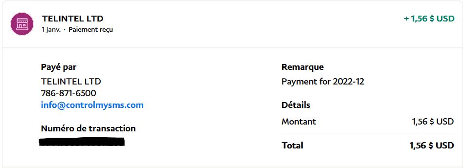 Preuve de paiement Control my sms de Up22
