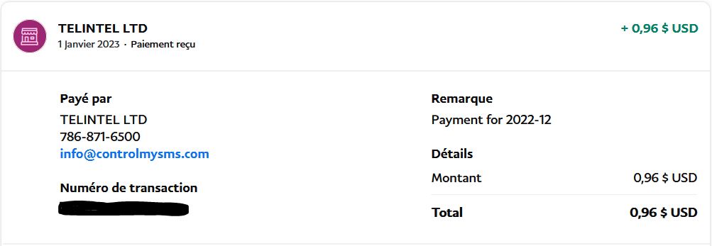 Preuve de paiement Control my sms de Up22
