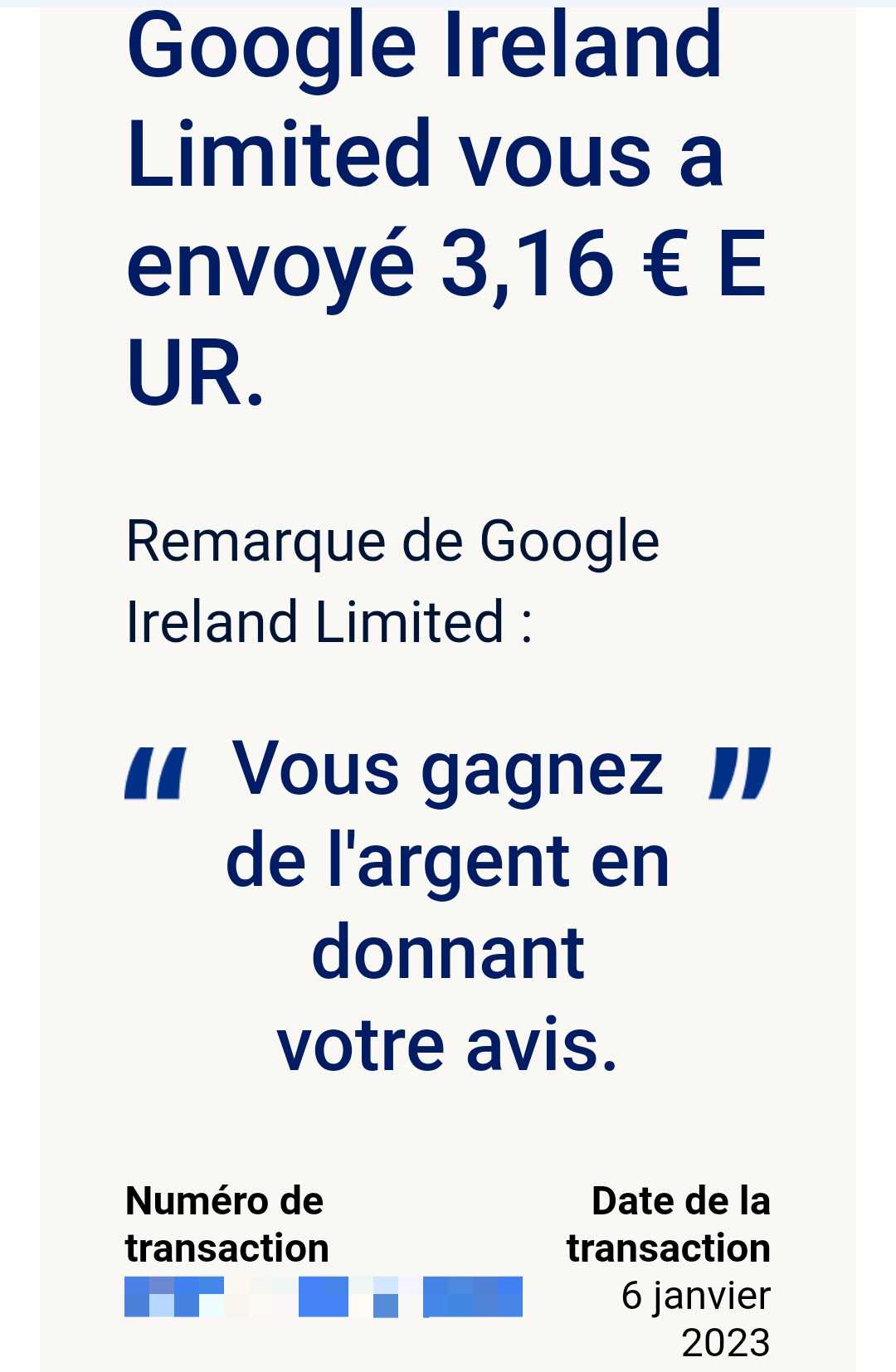 Preuve de paiement Google Opinion Reward de Up22