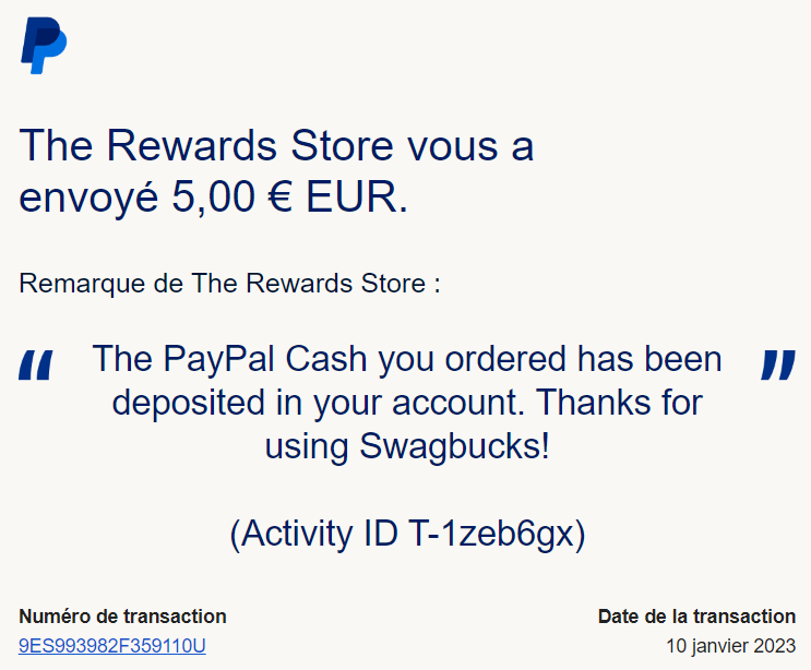 Preuve de paiement Swagbucks de Xandre