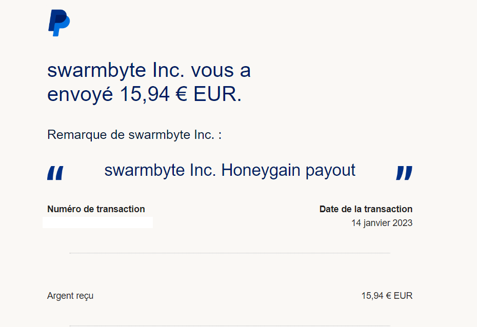 Preuve de paiement Honeygain de notkirby