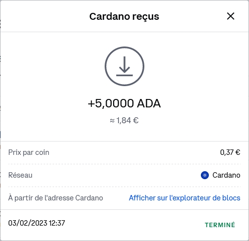 Preuve de paiement Freecardano un faucet-cardano (ada) de caffrys