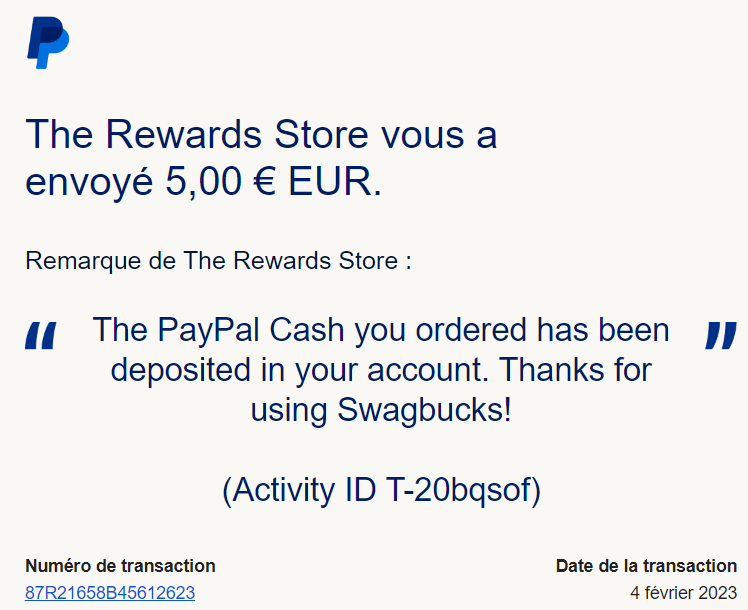 Preuve de paiement Swagbucks de Xandre